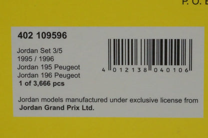 1:43 MINICHAMPS 402109596 Jordan Set 3/5 195 Peugeot 1995 / 196 Peugeot 1996