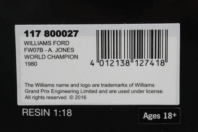 1:18 MINICHAMPS 117800027 Williams Ford FW07B World Champion 1980 #27 A.Jones model car
