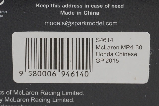 1:43 Spark S4614 McLaren Honda MP4-30 Chinese GP 2015 #22 model car