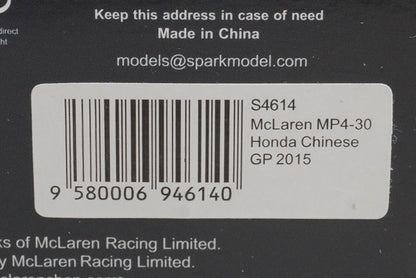 1:43 Spark S4614 McLaren Honda MP4-30 Chinese GP 2015 #22 model car