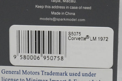1:43 SPARK S5075 Chevrolet Corvette Le Mans 1972 #72 model car