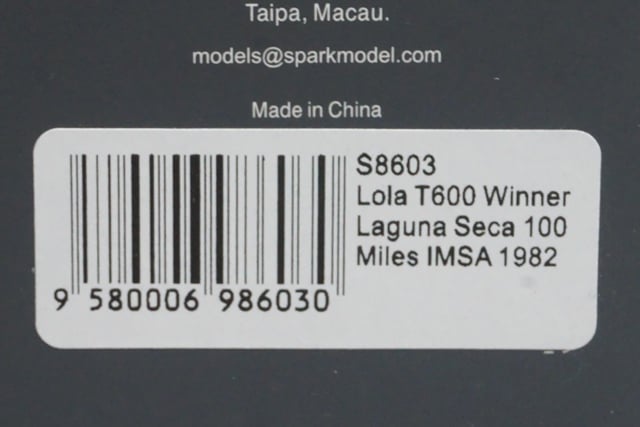 1:43 SPARK S8603 Lola T600 Laguna Seca 100 Mile IMSA Winner 1982 #18 J. Paul Jr. model car