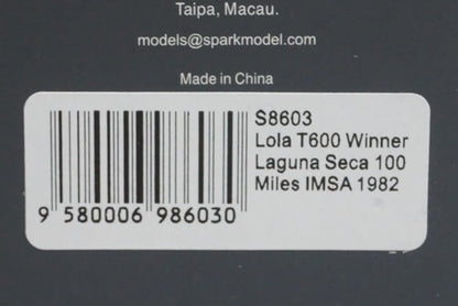 1:43 SPARK S8603 Lola T600 Laguna Seca 100 Mile IMSA Winner 1982 #18 J. Paul Jr. model car