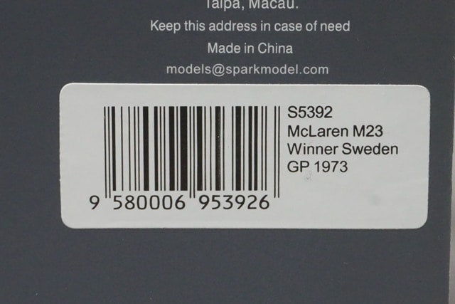 1:43 SPARK S5392 McLaren M23 Swedish Grand Prix Winner 1973 #7 D. Hulme model car