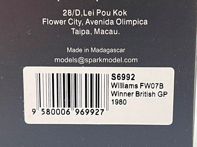 1:43 Spark S6992 Williams FE07B British GP Winner 1980 #27 A. Jones