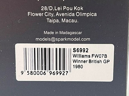 1:43 Spark S6992 Williams FE07B British GP Winner 1980 #27 A. Jones