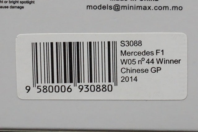 1:43 SPARK S3088 Mercedes AMG PETRONAS F1 W05 China GP Winner 2014 #44 L.Hamilton