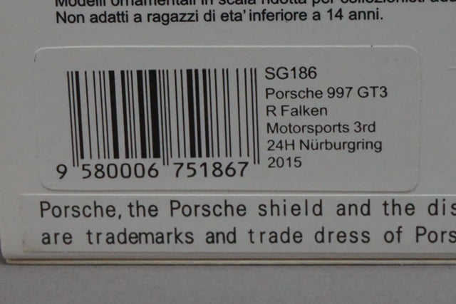 1:43 SPARK SG186 Porsche 997 GT3 R FALKEN Nurburgring 24h 2015 #44