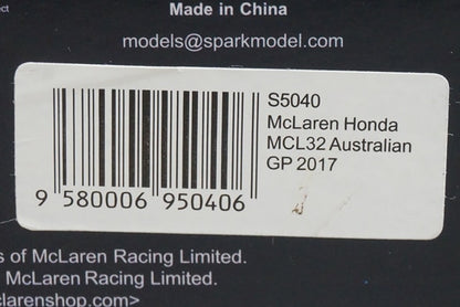 1:43 Spark S5040 McLaren Honda MCL32 Australian Grand Prix 2017 #14 F. Alonso model car