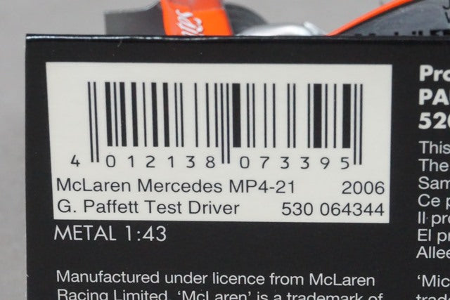 1:43 MINICHAMPS 530064344 McLaren Mercedes MP4-21 2006 G.Paffett