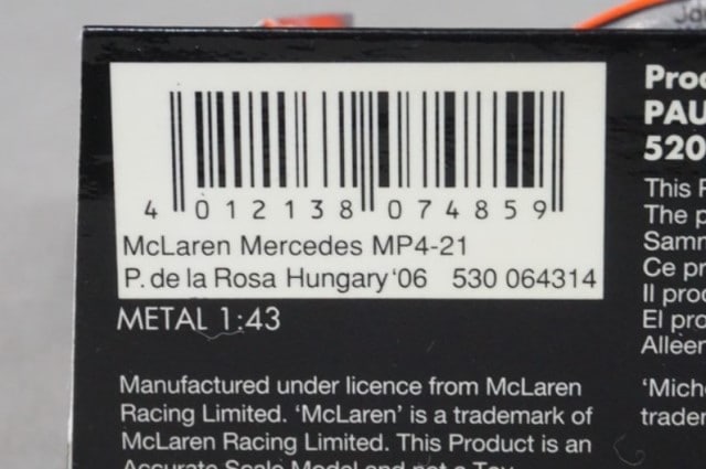 1:43 MINICHAMPS 530064314 McLaren Mercedes MP4-21 2006 P.de la Rosa #4