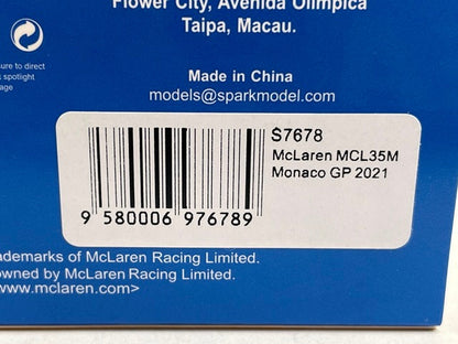 1:43 Spark S7678 McLaren MCL35M MonacoGP 2021 #3 D. Ricciardo model car
