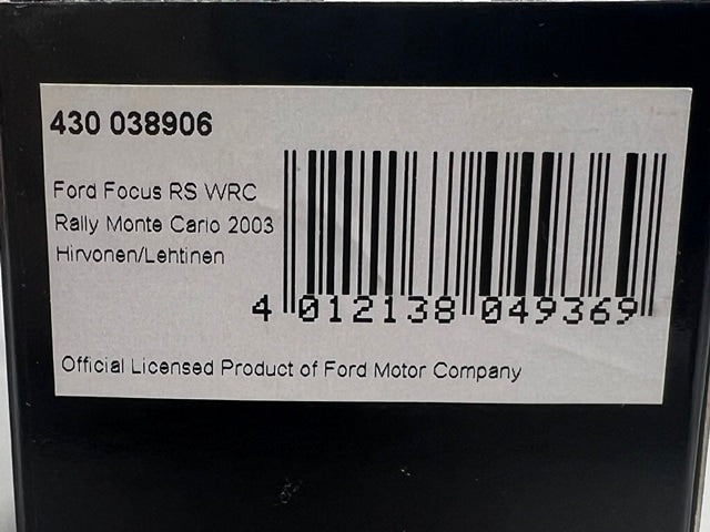 1:43 MINICHAMPS 430038906 Ford Focus RS WRC Monte Carlo Rally 2003 #6 M. Hirvonen J. Lehtinen model car