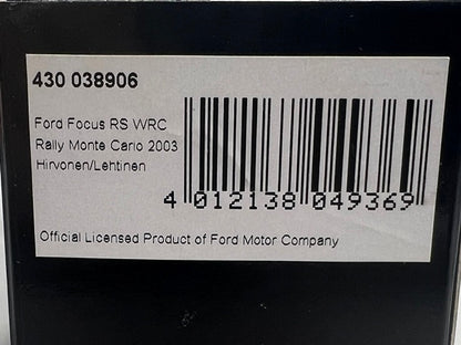 1:43 MINICHAMPS 430038906 Ford Focus RS WRC Monte Carlo Rally 2003 #6 M. Hirvonen J. Lehtinen model car