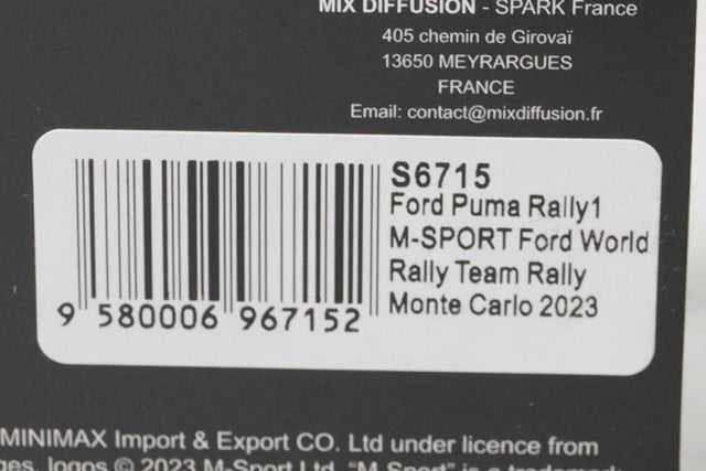 1:43 SPARK S6715 Ford Puma M-Sport World Rally Team Monte Carlo Rally 2023 #7 P-L.Roubaix / N.Gillesoul model car
