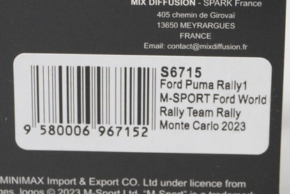 1:43 SPARK S6715 Ford Puma M-Sport World Rally Team Monte Carlo Rally 2023 #7 P-L.Roubaix / N.Gillesoul model car