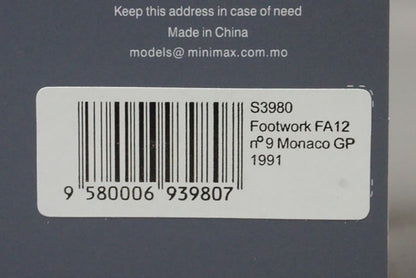 1:43 SPARK S3980 Footwork FA12 Monaco GP 1991 #9 M. Alboreto model car
