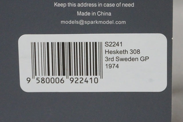 1:43 SPARK S2241 Hesketh 308 Swedish GP 3rd 1974 #24 J.Hunt model car