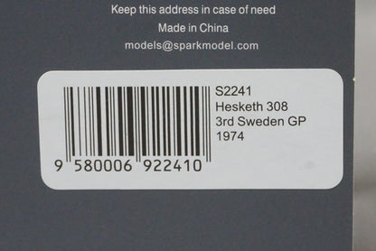 1:43 SPARK S2241 Hesketh 308 Swedish GP 3rd 1974 #24 J.Hunt model car
