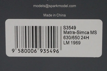 1:43 Spark S3549 Matra Simca MS 630/650 Le Mans 24H 4th 1969 #35 N.Galli / R.Widdows