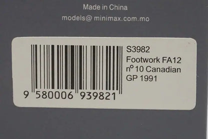 1:43 Spark S3982 Footwork FA12 Canadian Grand Prix 1991 #10 S.Johansson