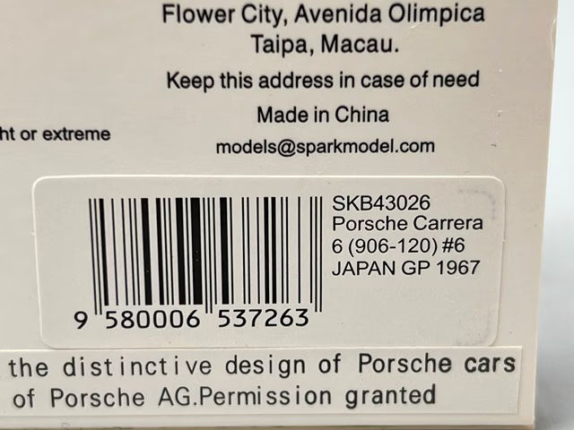 1:43 Spark SKB43026 Kidbox Custom Porsche Carrera 6 (906-120) Japanese GP 1967 #6 Shintaro Taki