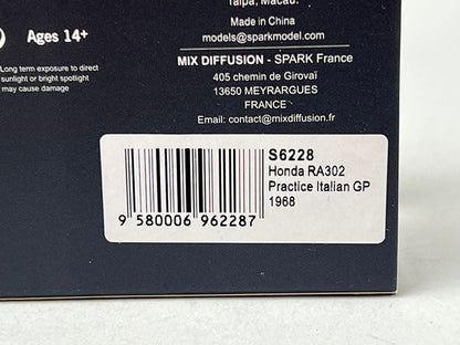 1:43 Spark S6228 Honda RA302 Practice Italian GP 1968 #14 J. Surtees
