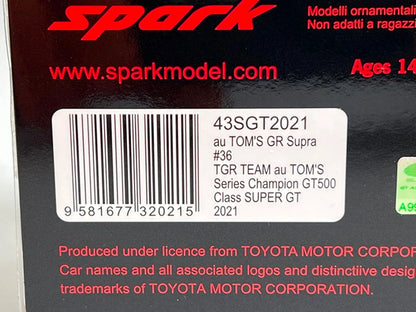 1:43 Spark 43SGT2021 au TOM'S GR Supra TGR Team Series Champion GT500 Class Super GT 2021 #36 Yuhi Sekiguchi / Sho Tsuboi