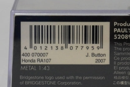 1:43 MINICHAMPS 400070007 Honda RA107 2007 #7 J.Button Earth Spec. model car