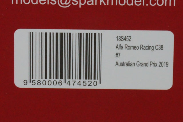 1:18 SPARK 18S452 Alfa Romeo Racing C38 Australian GP 2019 #7