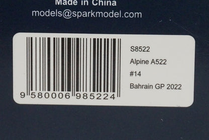 1:43 SPARK S8522 Alpine A522 BWT F1 Team Bahrain GP 2022 #14 Fernando Alonso model car