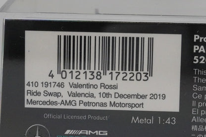 1:43 MINICHAMPS 410191746 Mercedes-AMG Petronas Motorsport F1 W08 Valencia RIDE SWAP 2019 #46 V. Rossi model car