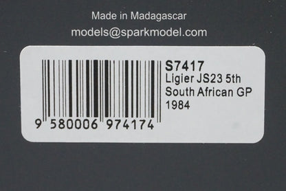 1:43 Spark S7417 Ligier JS23 South African GP 5th 1984 #26 A. de Cesaris