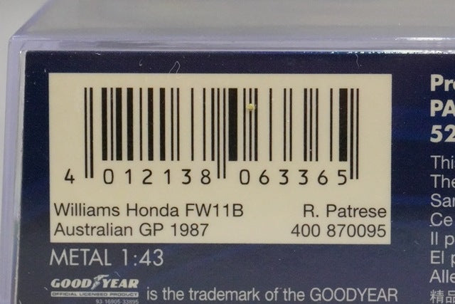 1:43 MINICHAMPS 400870095 Williams Honda FW11B Australian GP 1987 #5 R. Patrese model car