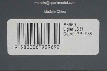 1:43 Spark S3969 Ligier JS31 Detroit GP 1988 #26 S.Johansson