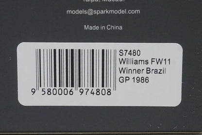 1:43 SPARK S7480 Williams FW11 Brazi GP Winner 1986 #6 Nelson Piquet