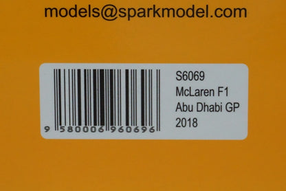 1:43 SPARK S6069 McLaren F1 Team Abu Dhabi GP 2018 #14 Fernando Alonso