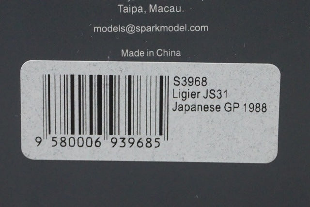 1:43 SPARK S3968 Ligier JS31 #25 Japan GP 1988 R.Arnoux