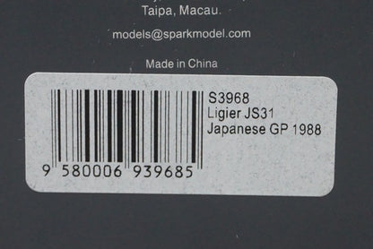1:43 SPARK S3968 Ligier JS31 #25 Japan GP 1988 R.Arnoux