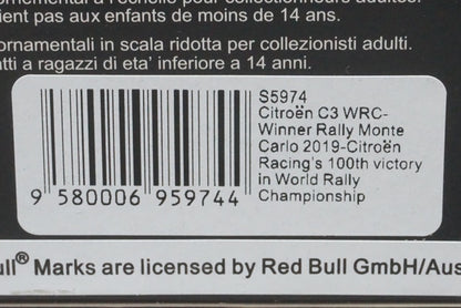 1:43 SPARK S5974 Citroen C3 WRC Monte Carlo Rally Winner 2019 #1