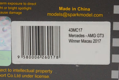 1:43 Spark 43MC17 Mercedes-AMG GT3 Team Driving Academy FIA GT World Cup Macau 2017 Winner #48 E.Mortara