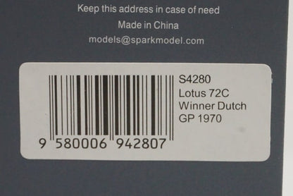 1:43 SPARK S4280 Lotus 72C Dutch GP Winner J.Rindt 1970 #10
