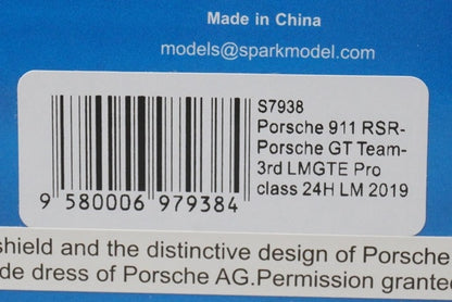 1:43 SPARK S7938 Porsche 911 RSR-Porsche-GT Team 3rd LMGTE Pro class LM 24h 2019
