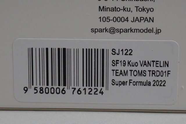 1:43 Spark SJ122 Kuo Vantelin Tom's SF19 TRD01F Super Formula 2022 #36 model car