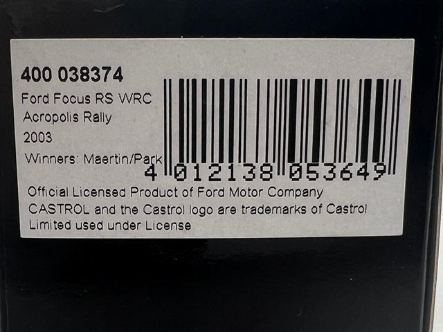 1:43 MINICHAMPS 400038374 Ford Focus RS WRC Acropolis Rally 2003 #4 M. Martin M. Park model car