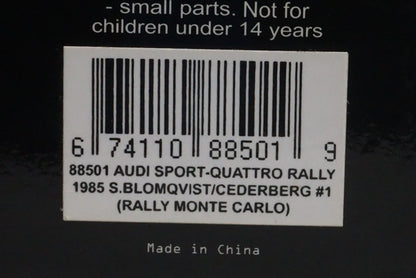 1:18 AUTOart 88501 Audi Sport Quattro Monte Carlo Rally 1985 #1 S. Blomqvist B. Cederberg