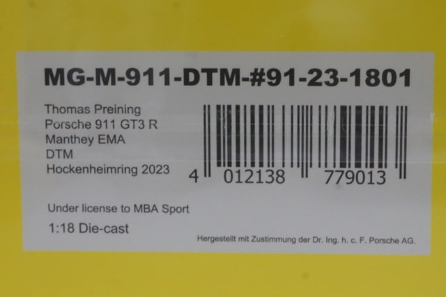 1:18 MINICHAMPS MG-M-911-DTM-#91-23-1801 Porsche 911 GT3R Manthey EMA DTM Hockenheimring 2023 #91 T. Preinink