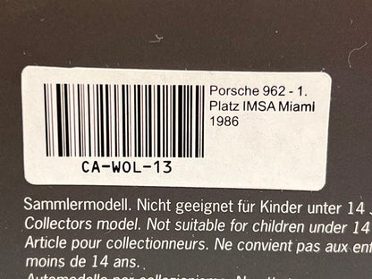 1:43 Spark CA-WOL-13 Kartima Custom Porsche 962 1.Platz IMSA Miami 1986 #86