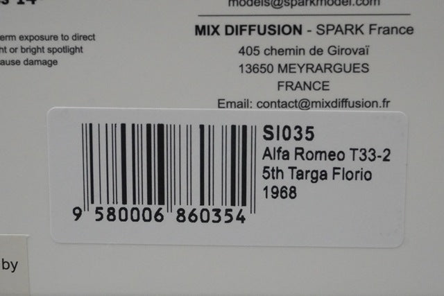 1:43 Spark SI035 Alfa Romeo T33-2 Targa Florio 5th 1968 #178 A. Pillet / R. Slotemarker