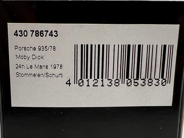 1:43 MINICHAMPS 430786743 Porsche 935 78 Moby Dick Le Mans 24h 1978 #43 R. Stommelen H. Schutch model car